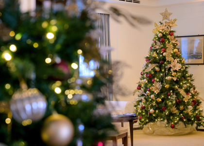 A Christmas Tree In The Drawing Room Aboard Britannia In Leith. There is a staircase bannister in the foreground wit a Christmas garland on it. 