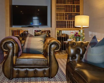 Inside the Skerryvore Suite on board Fingal. There is a leather armchair, sofa, faux bookcase and TV.