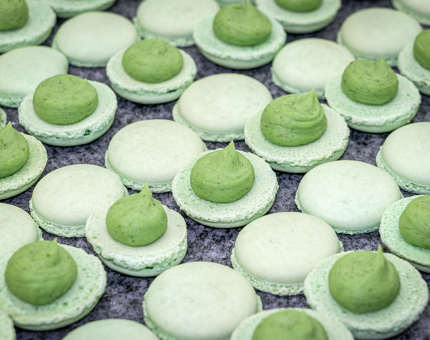 A tray of green macarons in the Galley.