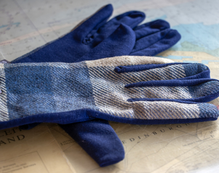 A pair of blue tartan gloves.