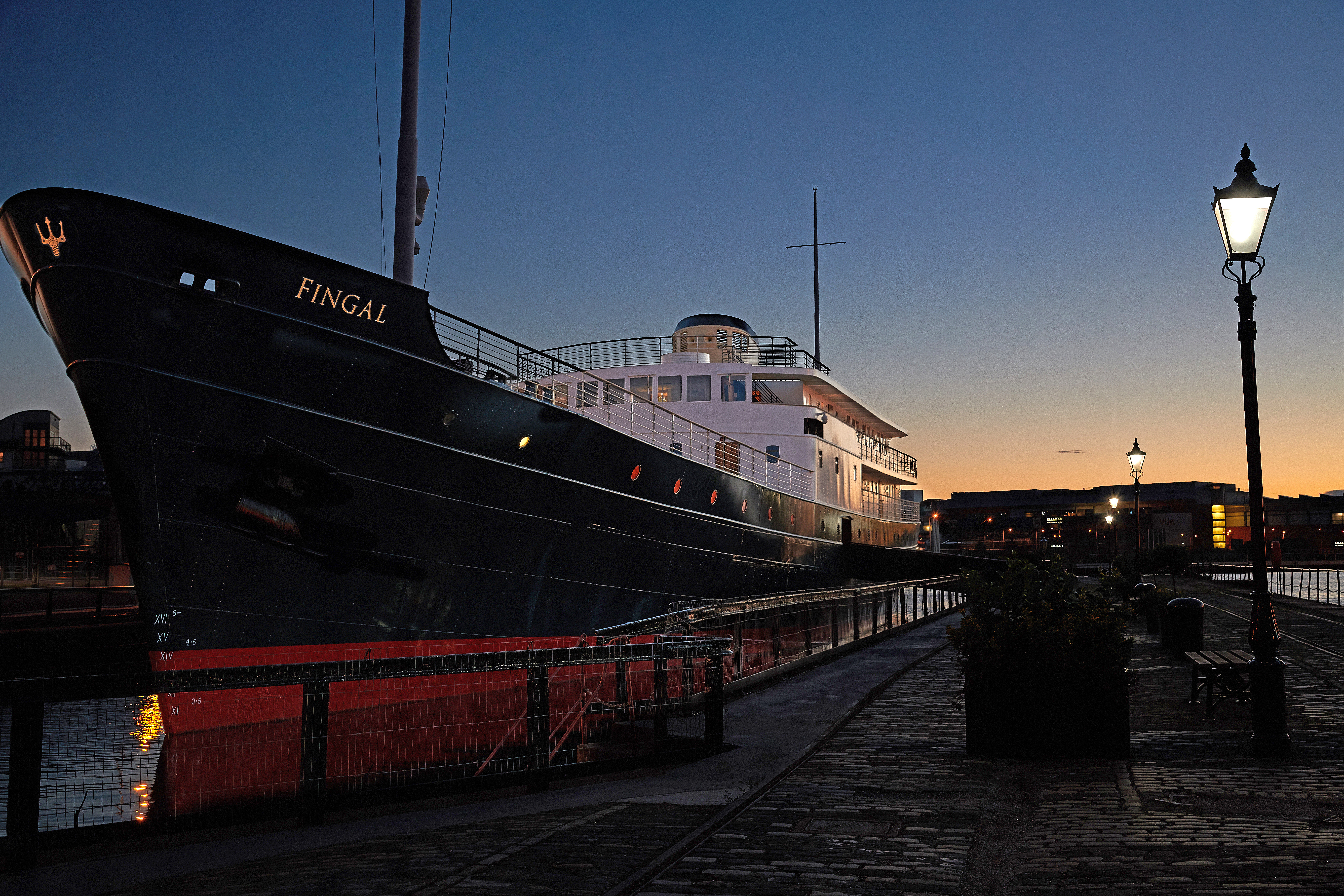 The exterior of Fingal at dusk.