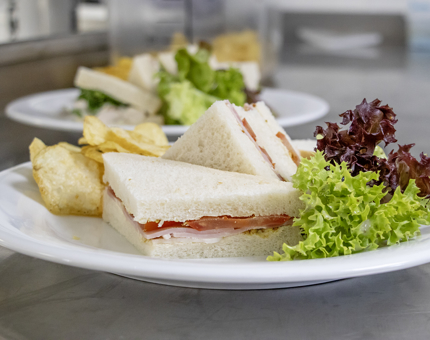 A ham and tomato sandwich with salad and crisps on a plate.