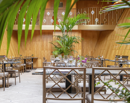The Ballroom at Fingal set with tables for Afternoon Tea. There are large palm plants. 