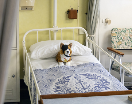 A cuddly toy corgi sits on the bed in the sick bay on board Britannia