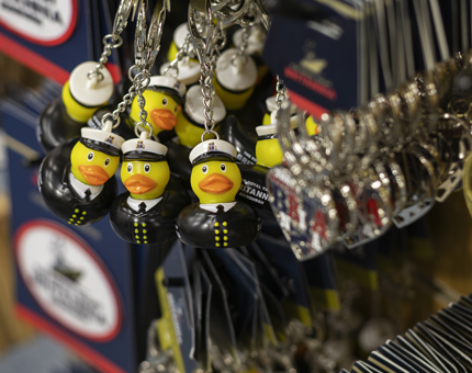 A bundle of captain duck key chains. 