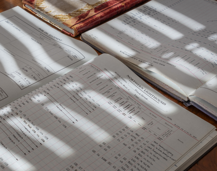 A closeup of log books on Fingal for Northern Lighthouses.