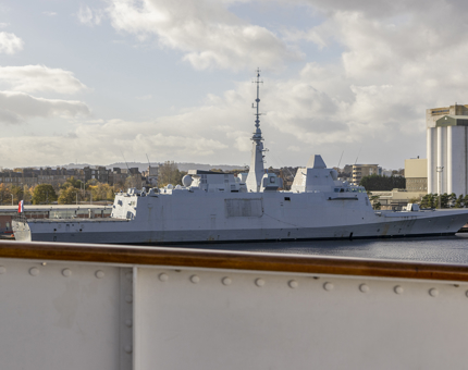 A view of a French Navy Aquitaine-class frigate FS Aquitaine (D650) in the Port of Leith from the Bridge