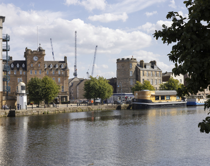 A view of the Shore area of Leith over the Water of Leith. 