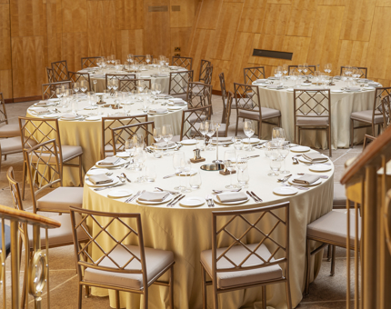 Tables set in the Ballroom aboard Fingal Hotel in Leith. 