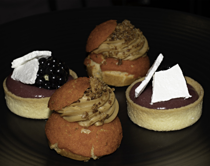 A selection of miniature sweet treats including a hazelnut praline choux bun and a blackberry tart.