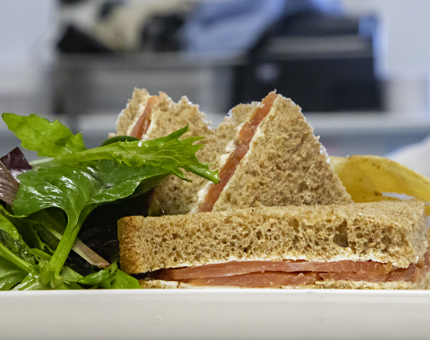 A plate of smoked salmon sandwiches with side salad.