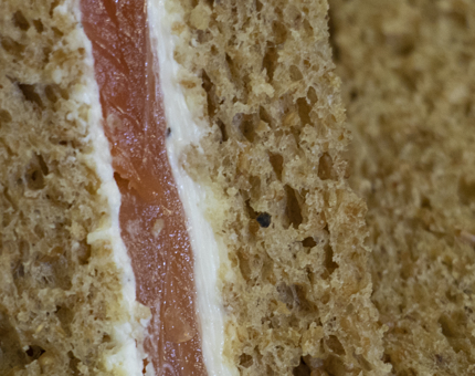 A close-up of the Shetland oak smoked salmon and cream cheese sandwich, served in the Tea Room.