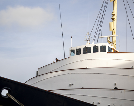 A view from below of the front of The Royal Yacht Britannia and it's Bridge. 