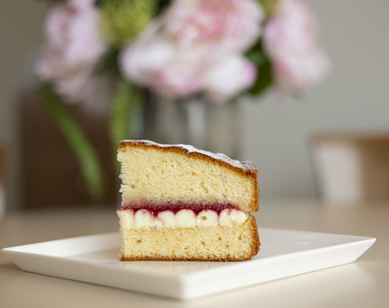 A slice of Victoria sponge cake on a white plate. 