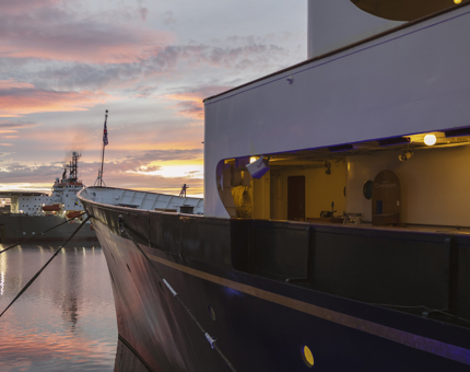 A view of the sunset over the Port of Leith from Britannia. 