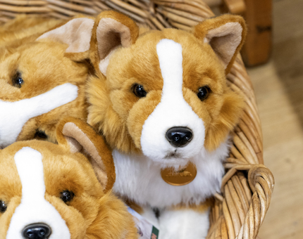 Corgi plush toys in a wicker basket. 