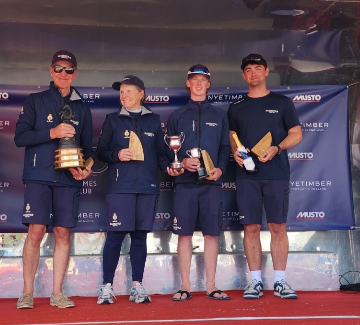 Four people standing holding an award