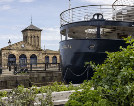 A view of the back of Fingal Hotel from the quayside herb garden in the Port of Leith. 
