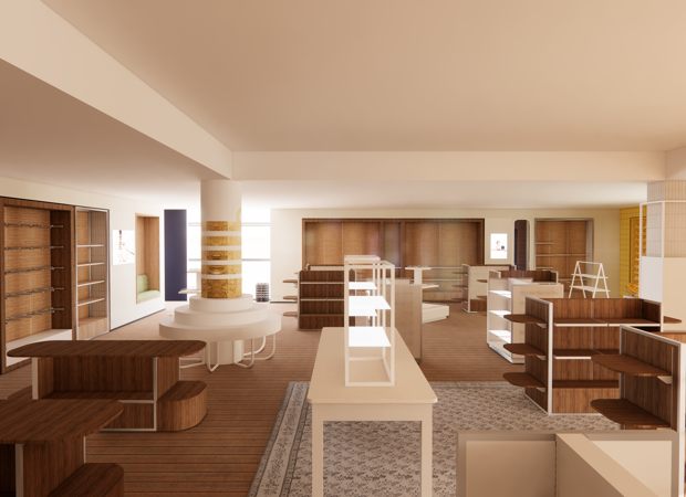 An image of an empty shop, there are tables and shelves made from wood and the walls are white.