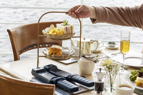 A cream tea stand in the Royal Deck Tearoom. 