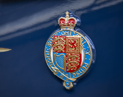 A freshly painted Britannia crest on the Royal Barge at Britannia. 